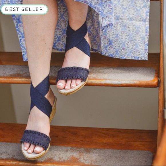 Charleston Shoe Co. Carolina Espadrille in Navy Linen Ruffle - Picture 6 of 10